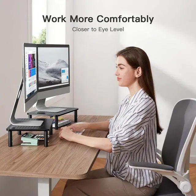 Alt view image 3 of 7 - HUANUO Monitor Stand for Desk, Computer Monitor Stand Height Adjustable, Monitor Riser for 2 Monitors, Laptop Stand for Desk, 2 Pack, Black