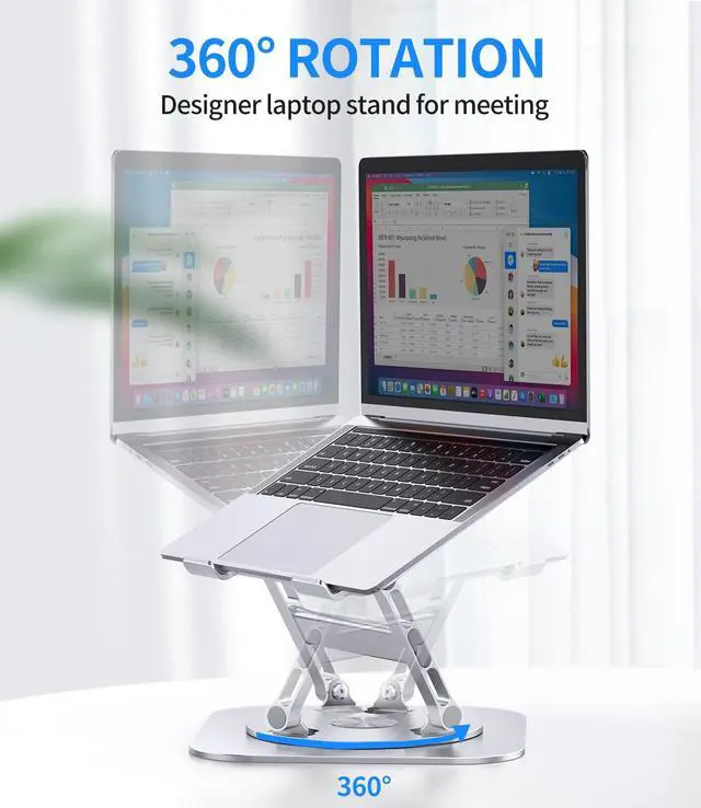 Alt view image 2 of 7 - AOEVI Adjustable Laptop Stand with 360 Rotating Base, Stable Computer Stand for Laptop Ergonimic Foldable Laptop Riser for Desk Compatible with MacBook Pro/Air Notebook up to 16 Inches, Silver
