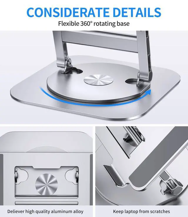 Alt view image 5 of 7 - AOEVI Adjustable Laptop Stand with 360 Rotating Base, Stable Computer Stand for Laptop Ergonimic Foldable Laptop Riser for Desk Compatible with MacBook Pro/Air Notebook up to 16 Inches, Silver