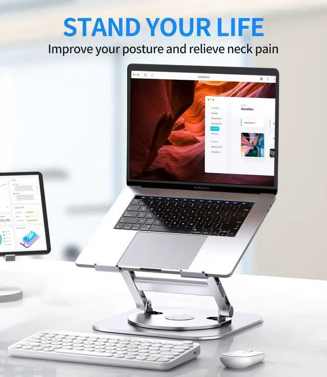 Alt view image 7 of 7 - AOEVI Adjustable Laptop Stand with 360 Rotating Base, Stable Computer Stand for Laptop Ergonimic Foldable Laptop Riser for Desk Compatible with MacBook Pro/Air Notebook up to 16 Inches, Silver