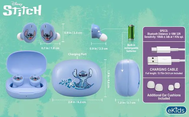 Alt view image 4 of 7 - Disney Stitch Wireless Earbuds for Kids, Bluetooth Earbuds with Charging Case