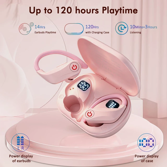 Alt view image 2 of 7 - Wireless Earbuds Bluetooth 6.1 Sport Headphones with Earhooks and Mic | 120 Hrs Playtime with LED Display Charging Case, Deep Bass ENC, Easy Button Controls IPX7 Waterproof for Running Workout Gym
