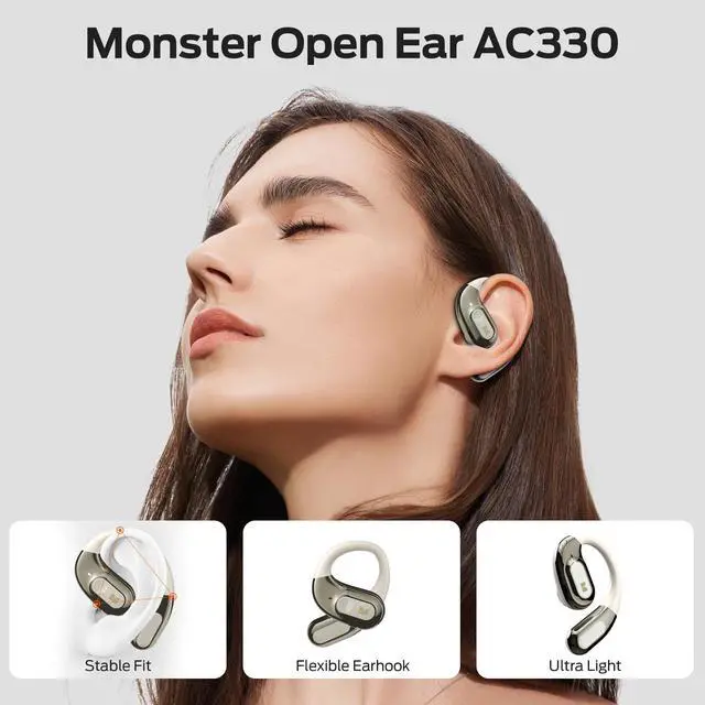 Alt view image 4 of 7 - Monster AC330 Open Ear Headphones Wireless Bluetooth 5.4 Earbuds with Clear Talk, 14.2mm Drivers, Rotating Case with Lanyard, 24H Playtime, IPX5 Water Resistant, White
