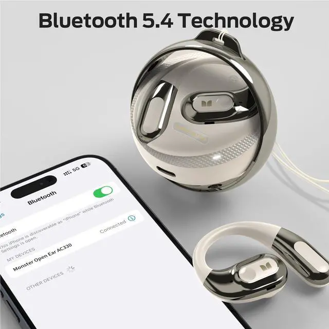 Alt view image 6 of 7 - Monster AC330 Open Ear Headphones Wireless Bluetooth 5.4 Earbuds with Clear Talk, 14.2mm Drivers, Rotating Case with Lanyard, 24H Playtime, IPX5 Water Resistant, White