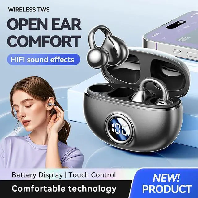 Alt view image 2 of 7 - QJF Clip on Earbuds for Small Ears, Open Ear Wireless Bluetooth 5.4 Headphones, 40H Playtime Air Conduction, Comfort Fit for Glasses, Waterproof Sport Ear Buds with Digital Display & MIC