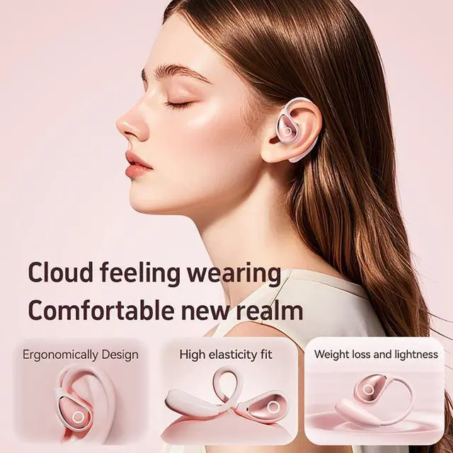 Alt view image 5 of 7 - QJF Open Ear Earbuds Pink for Women, Bluetooth 5.4 Wireless Headphones for Small Ears, Air Conduction Comfort Fit, 50H Playtime, IP54 Sweatproof, Touch Control for Running Cycling Work
