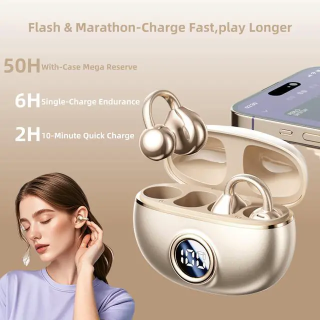 Alt view image 6 of 7 - M97 Clip On Earbuds,Secure Fit, Wireless Bluetooth 6.0, Open Ear Headphones with 50H Battery 10-Min Quick Charge, Featherlight C-Shaped Hook, for Running/Gym, IPX5 Waterproof, Deep Bass(off white)