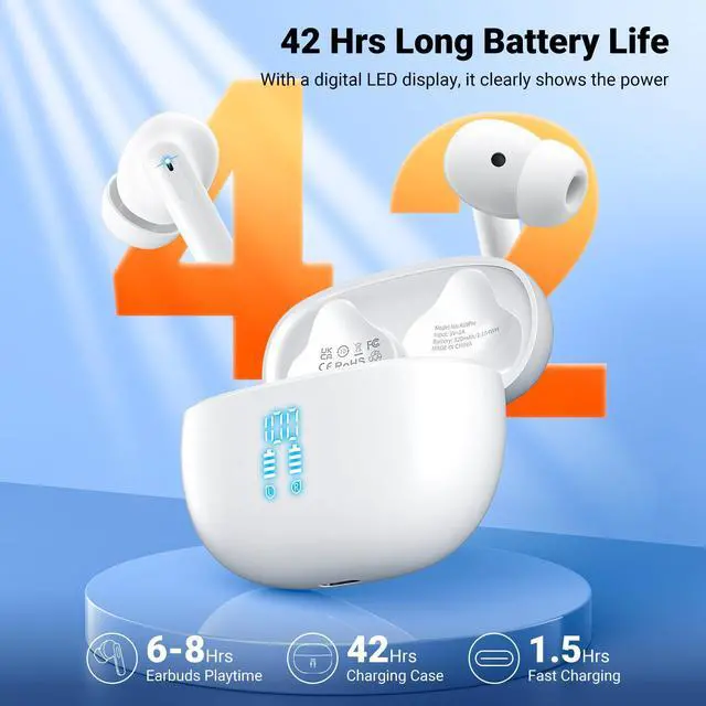 Alt view image 3 of 7 - Wireless Earbuds, Bluetooth 5.3 Headphones HiFi Stereo & 4 ENC Mic, 42H Playtime Ear Buds with Charging Case LED Display, Bluetooth Earphones IPX7 Waterproof for iOS Android Earpods Sports Workout