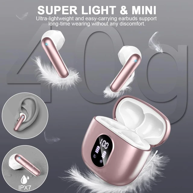 Alt view image 3 of 7 - Wireless Earbuds, Bluetooth 5.4 Headphones 50H Playback Bass Stereo Ear Buds with 4 ENC Cancelling Mics, in-Ear Earphones with LED Display, IP7 Waterproof USB-C for Laptop Pad Phones Workout Rose Gold