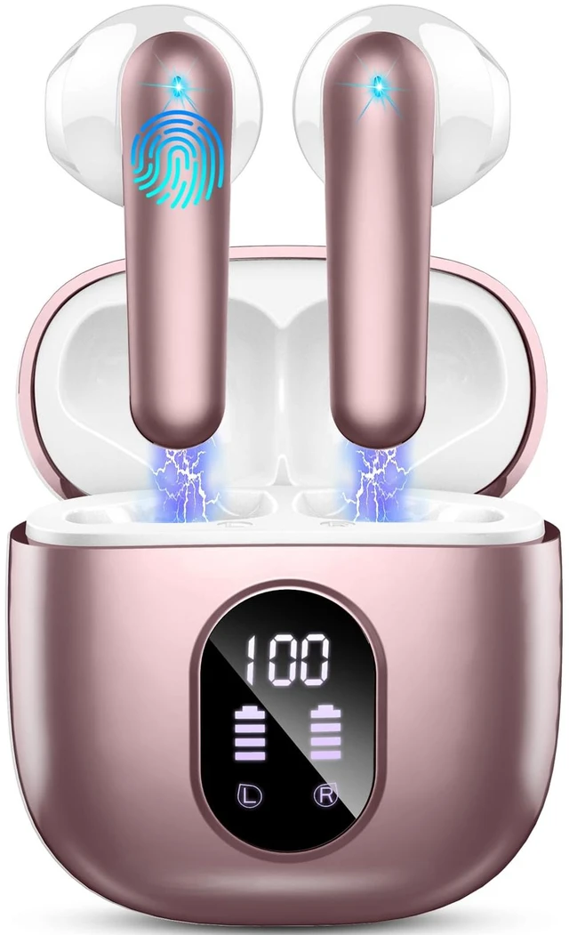 Main image of Wireless Earbuds, Bluetooth 5.4 Headphones 50H Playback Bass Stereo Ear Buds with 4 ENC Cancelling Mics, in-Ear Earphones with LED Display, IP7 Waterproof USB-C for Laptop Pad Phones Workout Rose Gold