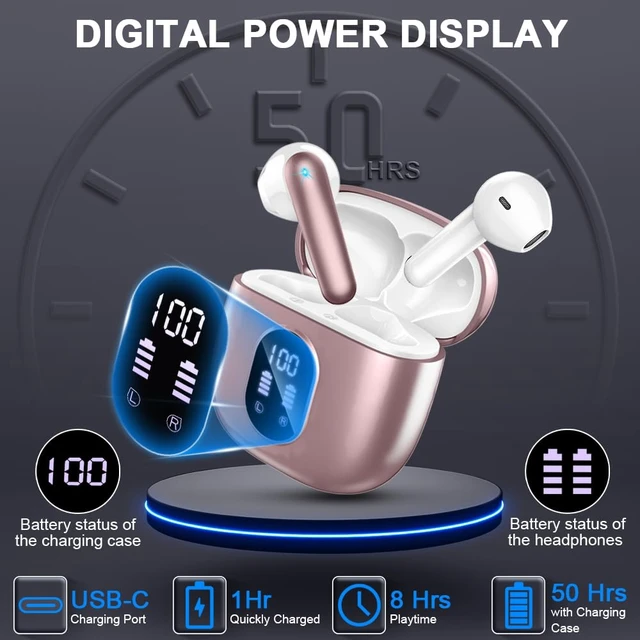 Alt view image 4 of 7 - Wireless Earbuds, Bluetooth 5.4 Headphones 50H Playback Bass Stereo Ear Buds with 4 ENC Cancelling Mics, in-Ear Earphones with LED Display, IP7 Waterproof USB-C for Laptop Pad Phones Workout Rose Gold