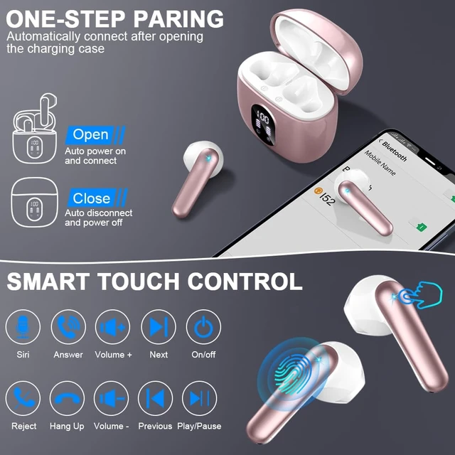 Alt view image 5 of 7 - Wireless Earbuds, Bluetooth 5.4 Headphones 50H Playback Bass Stereo Ear Buds with 4 ENC Cancelling Mics, in-Ear Earphones with LED Display, IP7 Waterproof USB-C for Laptop Pad Phones Workout Rose Gold