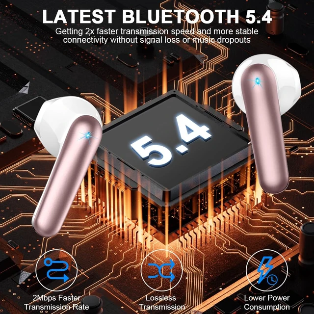 Alt view image 6 of 7 - Wireless Earbuds, Bluetooth 5.4 Headphones 50H Playback Bass Stereo Ear Buds with 4 ENC Cancelling Mics, in-Ear Earphones with LED Display, IP7 Waterproof USB-C for Laptop Pad Phones Workout Rose Gold