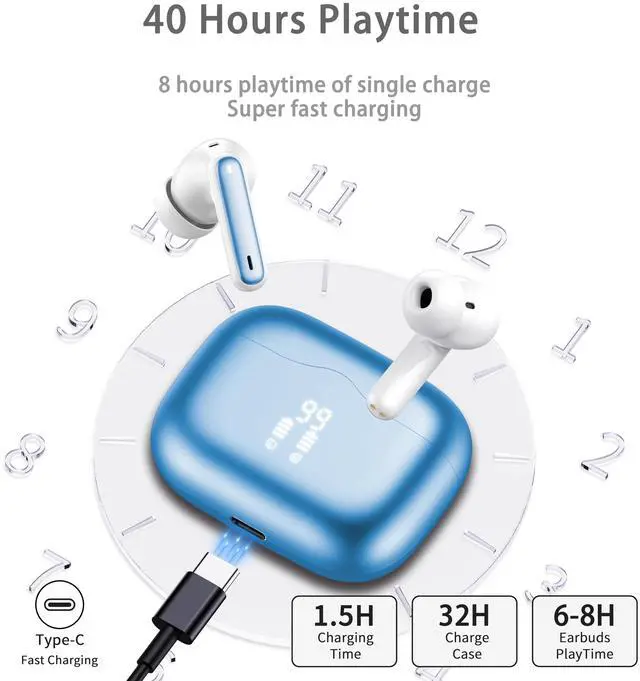 Alt view image 6 of 7 - Wireless Earbuds, 2026 Bluetooth 5.4 Ear Buds in Ear with 4 ENC Noise Cancelling Mic, New Wireless Earphones HiFi Stereo Deep Bass 40H Playtime, In-Ear Bluetooth Earbuds LED Display IP7, Lake Blue