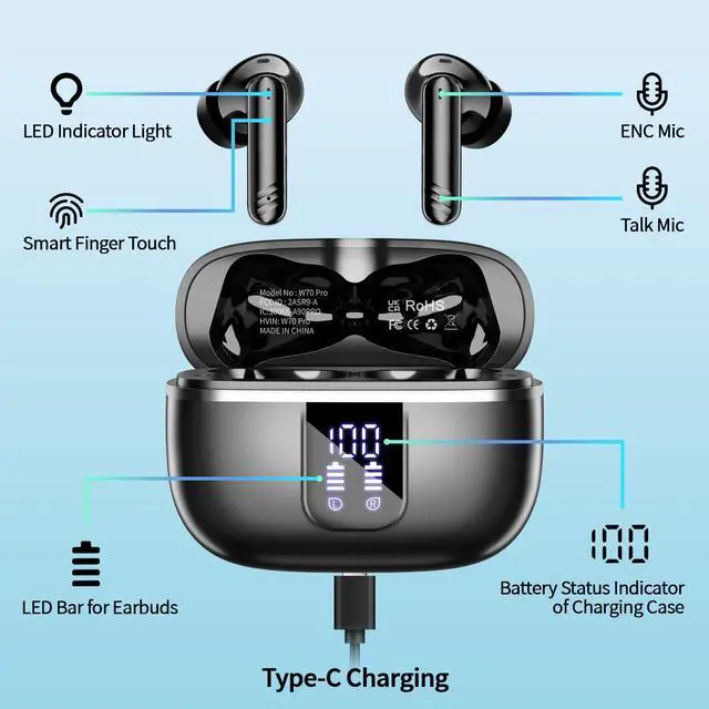 Alt view image 4 of 6 - OWMSIC 2026 New Wireless Earbuds, Bluetooth 5.4 Headphones with Noise Cancelling Mic, 46H Headphones with 3D Bass Stereo Sound, Ultralight, USB-C LED, Waterproof IPX7 Earphones for Android iOS. Black