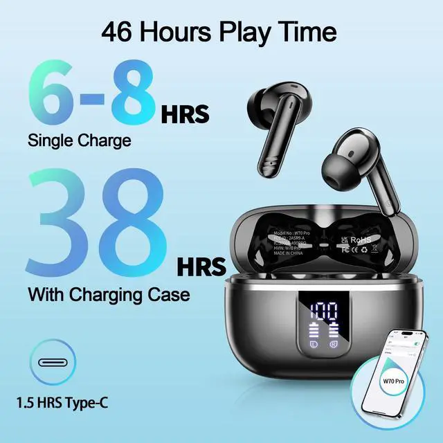 Alt view image 5 of 6 - OWMSIC 2026 New Wireless Earbuds, Bluetooth 5.4 Headphones with Noise Cancelling Mic, 46H Headphones with 3D Bass Stereo Sound, Ultralight, USB-C LED, Waterproof IPX7 Earphones for Android iOS. Black