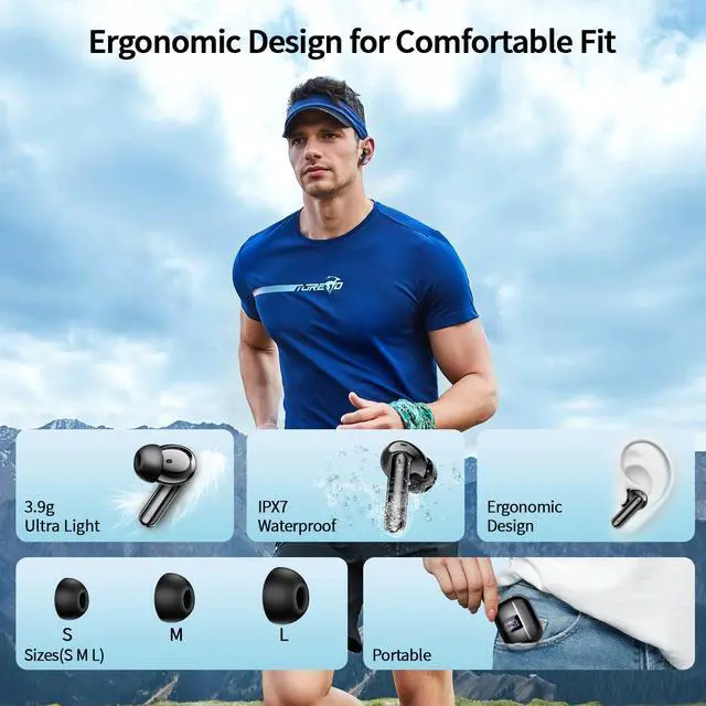 Alt view image 6 of 6 - OWMSIC 2026 New Wireless Earbuds, Bluetooth 5.4 Headphones with Noise Cancelling Mic, 46H Headphones with 3D Bass Stereo Sound, Ultralight, USB-C LED, Waterproof IPX7 Earphones for Android iOS. Black
