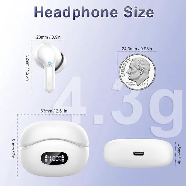Alt view image 7 of 7 - Wireless Earbuds, 40H Bluetooth Headphones 5.4, ENC Noise Cancelling Mic for Clear Calls, Hi-Fi Stereo Deep Bass Ear Buds, LED Display, IP7 Waterproof Sport Earphones in Ear for Android iOS, USB-C
