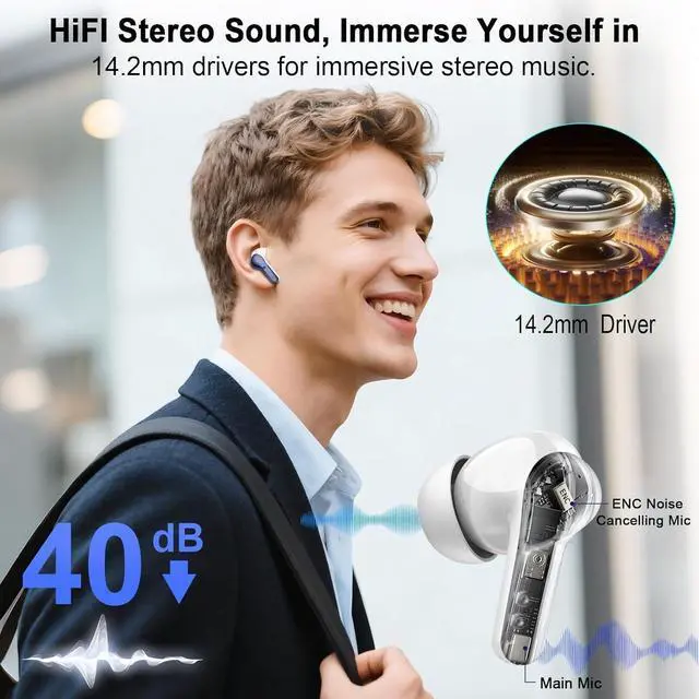 Alt view image 2 of 7 - AOSRAU Wireless Earbuds, Bluetooth Headphones 5.4 HiFi Stereo, Ear Buds with 4 ENC Noise Cancelling Mics, 48H Bluetooth Earbuds with Dual LED Display, IP7 Waterproof in Ear Earphones, Deep Blue