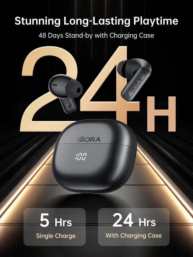 Alt view image 5 of 7 - 1 Hora Active Noise Cancelling Wireless Earbuds, Built-in 4 Mics, Bluetooth 5.4 in Ear Headphones, LED Display Stereo Bass Earphones with Charging case, for iPhone, Android Smartphone, Tablet, Laptop