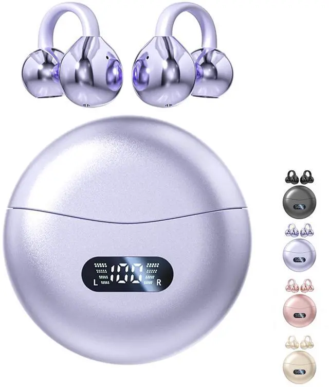 Main image of CuiSuto Clip on Earbuds Open Ear Wireless Bluetooth 5.4 Headphones with Mic,60H Play,Noise Cancelling,Waterproof,Sports Ear Buds,Comfortable for Small Ears & Glasses Wearers,Workouts (Purple)