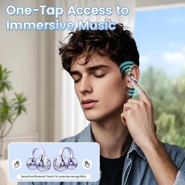Alt view image 3 of 7 - CuiSuto Clip on Earbuds Open Ear Wireless Bluetooth 5.4 Headphones with Mic,60H Play,Noise Cancelling,Waterproof,Sports Ear Buds,Comfortable for Small Ears & Glasses Wearers,Workouts (Purple)