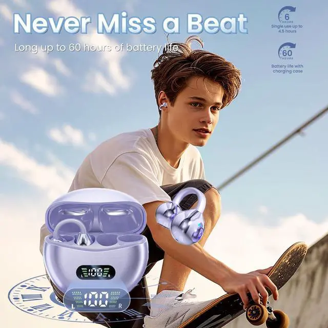 Alt view image 2 of 7 - CuiSuto Clip on Earbuds Open Ear Wireless Bluetooth 5.4 Headphones with Mic,60H Play,Noise Cancelling,Waterproof,Sports Ear Buds,Comfortable for Small Ears & Glasses Wearers,Workouts (Purple)