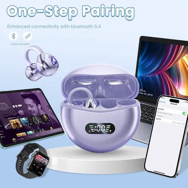 Alt view image 7 of 7 - CuiSuto Clip on Earbuds Open Ear Wireless Bluetooth 5.4 Headphones with Mic,60H Play,Noise Cancelling,Waterproof,Sports Ear Buds,Comfortable for Small Ears & Glasses Wearers,Workouts (Purple)
