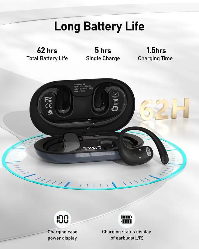 Alt view image 6 of 7 - WIVTAK Open Ear Headphones Bluetooth 5.4, 62H Playtime, Air Conduction Wireless Earbuds with Ergonomic Earhooks, ENC Mic,IPX5,Physical Buttons, Comfort-Fit for Running, Cycling, Workouts