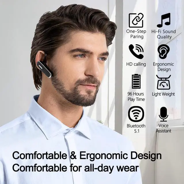 Alt view image 2 of 7 - Jinreoo Bluetooth Earpiece V5.1, Wireless Hands-Free Headset with Charging Case, Built-in Microphone for iPhone Android Business Calls