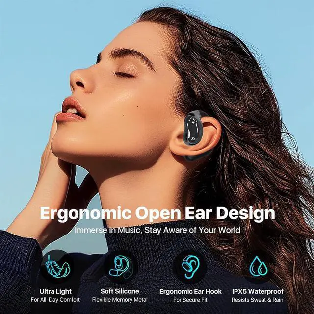 Alt view image 7 of 7 - Piluyaa Open Ear Earbuds Ultra Comfort Wireless Bluetooth 5.4 Headphones Over The Ear Earbuds with Intelligent Touch Screen EarHooks IPX7 Waterproof Bone Conduction Earphones for Fitness Sports-Black