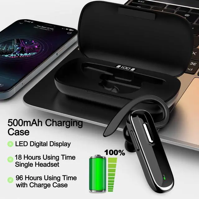 Alt view image 3 of 7 - Jinreoo Bluetooth Earpiece V5.1, Wireless Hands-Free Headset with Charging Case, Built-in Microphone for iPhone Android Business Calls