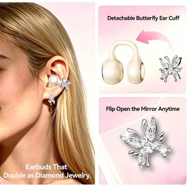 Alt view image 2 of 7 - WUYUEGE Open Ear Clip Earbuds Bluetooth 6.0, Wireless Ear Clip Headphones with LED Mirror Charging Case, IPX6 Waterproof 40H Playtime, Lightweight Open-Ear Earphones for Women Girls Gifts (Skin)
