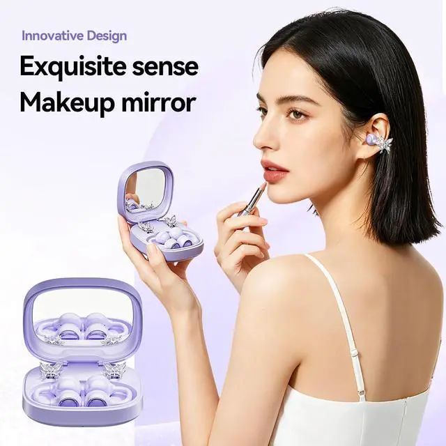 Alt view image 7 of 7 - WUYUEGE Open Ear Clip Earbuds Bluetooth 6.0, Wireless Ear Clip Headphones with LED Mirror Charging Case, IPX6 Waterproof 40H Playtime, Lightweight Open-Ear Earphones for Women Girls Gifts (Skin)