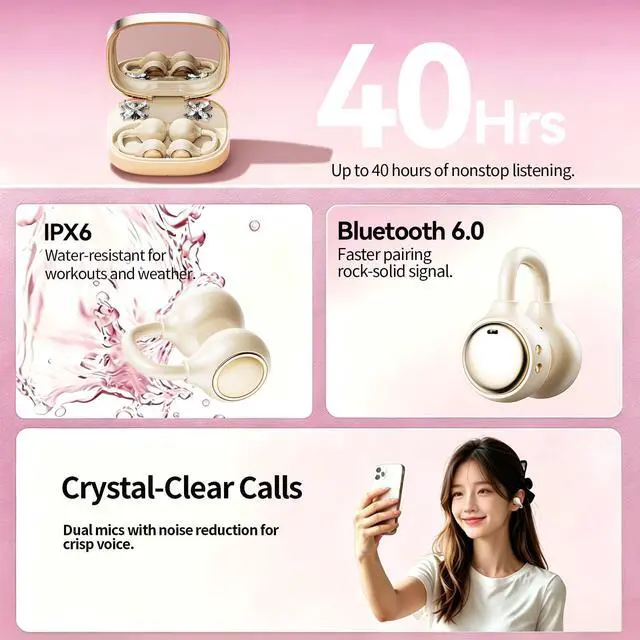 Alt view image 3 of 7 - WUYUEGE Open Ear Clip Earbuds Bluetooth 6.0, Wireless Ear Clip Headphones with LED Mirror Charging Case, IPX6 Waterproof 40H Playtime, Lightweight Open-Ear Earphones for Women Girls Gifts (Skin)