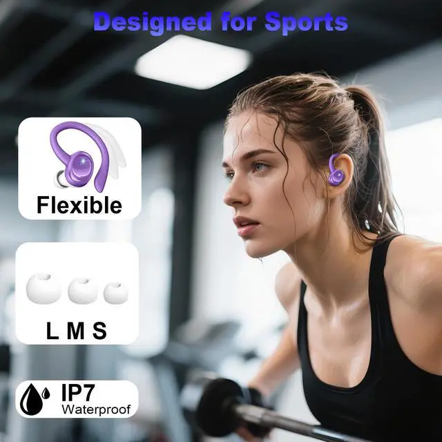 Alt view image 4 of 7 - Hupoaf Wireless Earbuds Sport, 2025 Bluetooth 5.4 Headphones with Earhooks, 50H Stereo Deep Bass Over Ear Buds with 4 ENC Noise Canceling Mics, IP7 Waterproof Earphones for Running Workout Gym -Purple