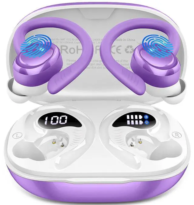 Main image of Hupoaf Wireless Earbuds Sport, 2025 Bluetooth 5.4 Headphones with Earhooks, 50H Stereo Deep Bass Over Ear Buds with 4 ENC Noise Canceling Mics, IP7 Waterproof Earphones for Running Workout Gym -Purple