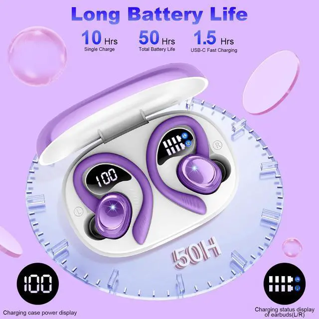 Alt view image 6 of 7 - Hupoaf Wireless Earbuds Sport, 2025 Bluetooth 5.4 Headphones with Earhooks, 50H Stereo Deep Bass Over Ear Buds with 4 ENC Noise Canceling Mics, IP7 Waterproof Earphones for Running Workout Gym -Purple