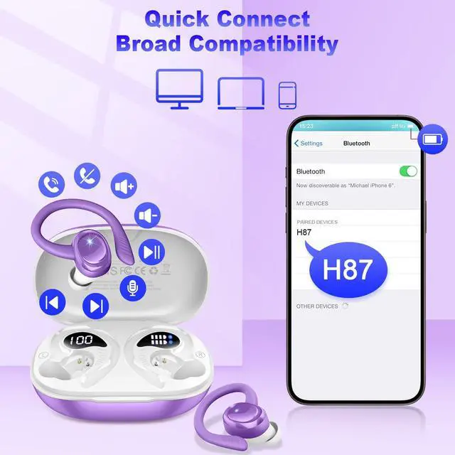 Alt view image 7 of 7 - Hupoaf Wireless Earbuds Sport, 2025 Bluetooth 5.4 Headphones with Earhooks, 50H Stereo Deep Bass Over Ear Buds with 4 ENC Noise Canceling Mics, IP7 Waterproof Earphones for Running Workout Gym -Purple