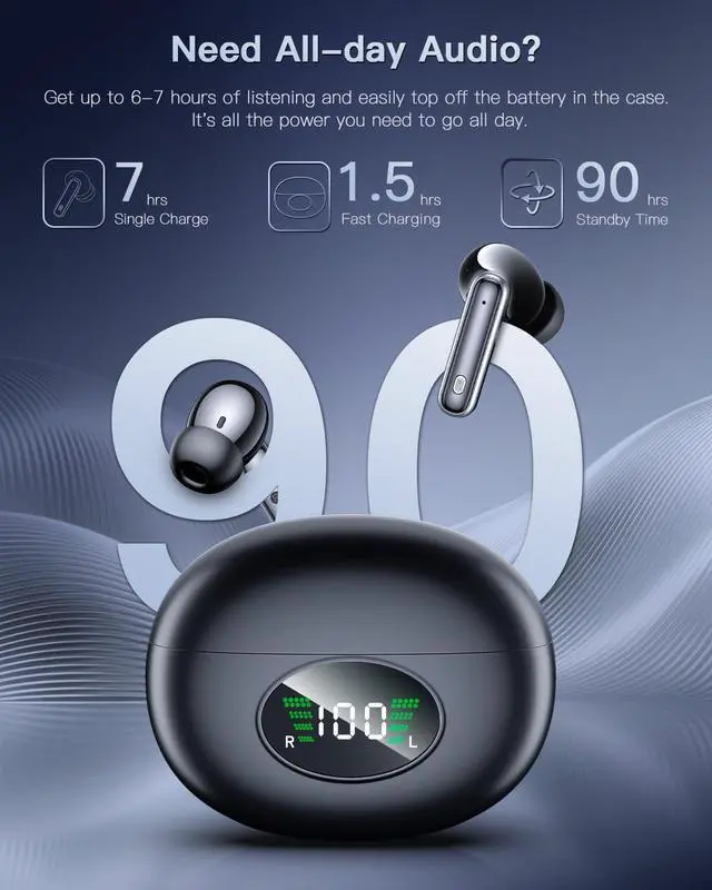 Alt view image 5 of 7 - GNZUQ Wireless Earbuds, Bluetooth 5.4 Headphones HiFi Stereo 90H Playback LED Digital Display Ear Buds with Language Translator, Waterproof Earphones for Gym/Running/Work
