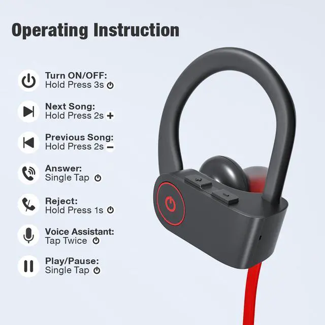 Alt view image 2 of 7 - JOYWISE Bluetooth Headphones Wireless Earbuds 16H Playtime Wireless Headphones IPX7 Waterproof Bluetooth 5.3 Running Ear Buds with Mic Stereo in Ear Earphones Sound Isolation for Workout, Sports Red