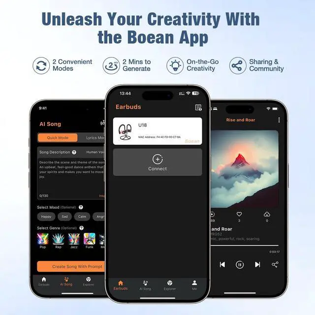 Alt view image 5 of 7 - Boean Bluetooth Headphones, Wireless Earbuds with 16 Hours Bluetooth 5.3 Wireless Headphones HD Deep Bass Stereo IPX7 Waterproof Earphones for Sports Headset AI Music Generation