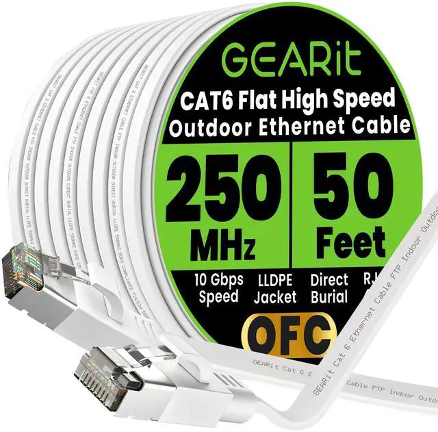 Main image of GEARit Cat 6 Outdoor Flat Ethernet Cable (50ft, White) Direct Burial Rated LLDPE Jacket - Indoor Cat6 Shielded FTP 10Gbps High Speed Gaming Computer Network RJ45 Snagless Patch Cord Internet
