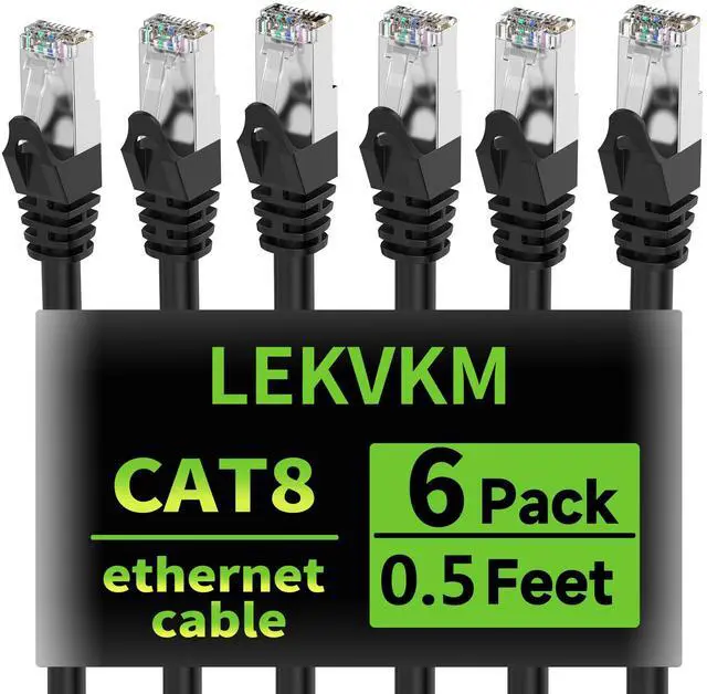 Main image of LEKVKM Cat8 Ethernet Cable 0.5 ft, 6-Pack S/FTP Shielded LAN Network Cord, 40Gbps 2000MHz Heavy Duty High Speed, Ideal for Server Rooms, Routers, Switches Black