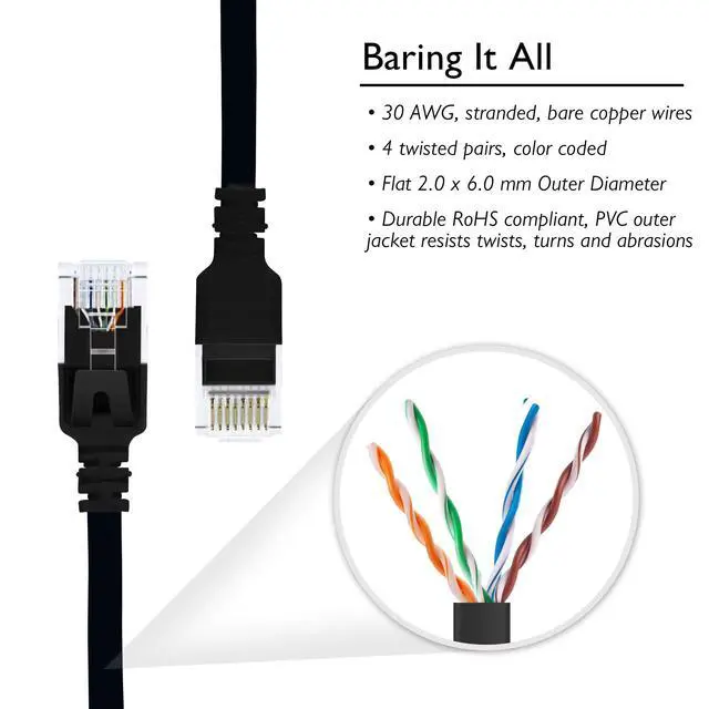 Alt view image 3 of 7 - GEARit Cat6 Ethernet Cable 25 ft (1-Pack) Flat Internet Network Cable, Cat6 Patch Cords, Cat6 Cable, Cat 6 Cable, Cat 6 Ethernet Cable, RJ45 Connectors for Router, Modem - Black 25 Feet