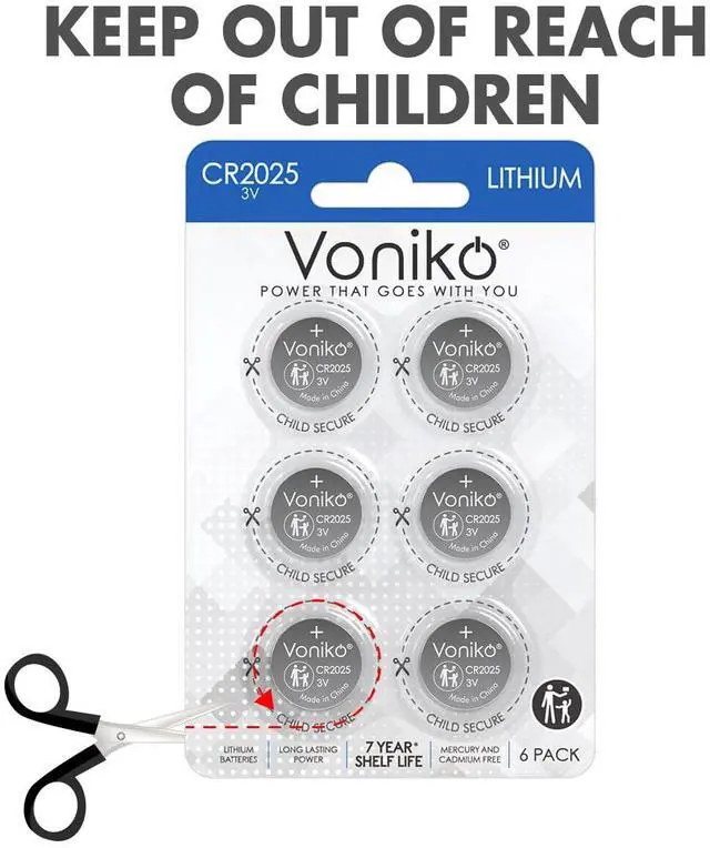 Alt view image 4 of 7 - Voniko CR2025 3V Lithium Batteries 6 Pack for Child Safety, Compatible with Remotes, Key Fobs, Watches, Calculators - 7 Years Shelf Life