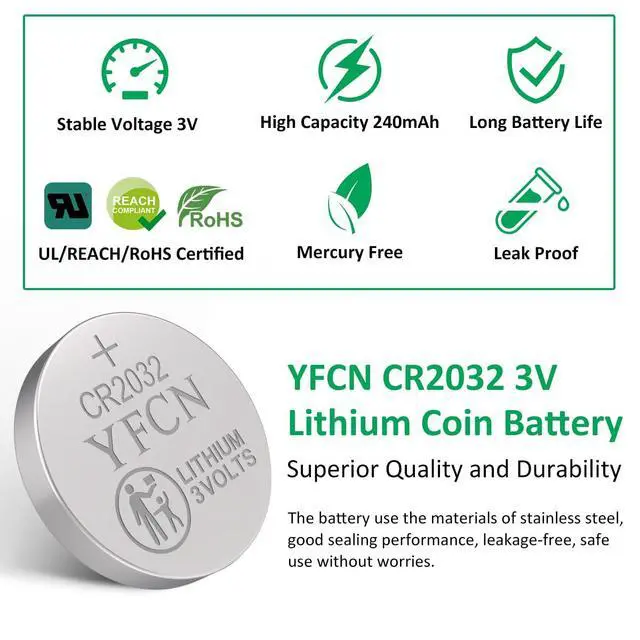 Alt view image 2 of 7 - YFCN CR2032 Battery 3V Lithium Batteries 5 Count Pack CR2032 Batteries - CR 2032 Coin Cell Battery for AirTag, Key Fob, Remotes- 10 Years Shelf Life
