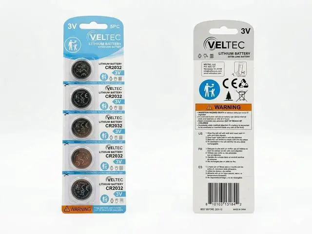 Alt view image 3 of 7 - Veltec CR2032 3V Lithium Coin Batteries, Child-Resistant Packaging, Non-Coated, Compatible with AirTag, Key Fobs, Thermometers & Scales (5 Pack)