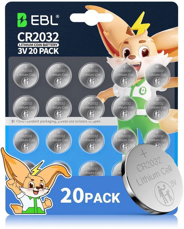 Main image of EBL CR2032 Batteries 3V Coin Battery 20 Pack, Child Safety, Leak-Proof