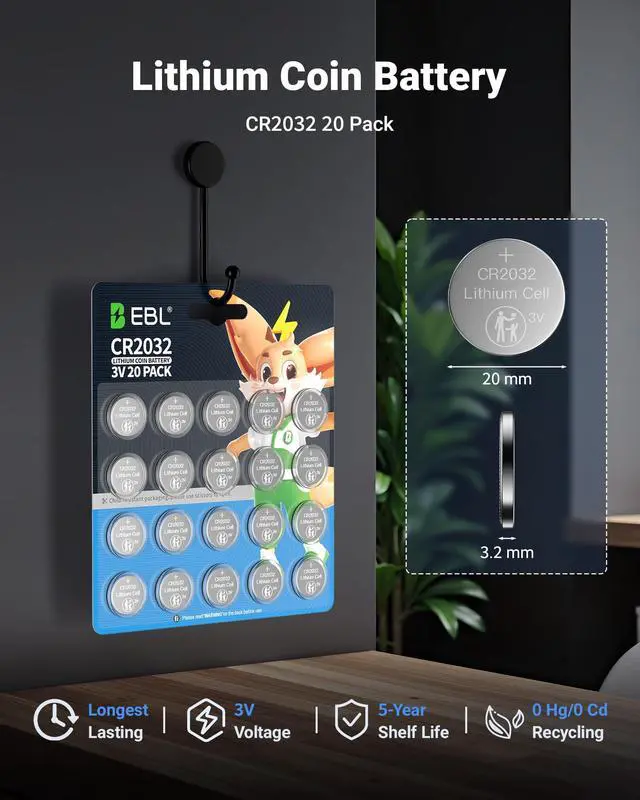 Alt view image 5 of 7 - EBL CR2032 Batteries 3V Coin Battery 20 Pack, Child Safety, Leak-Proof